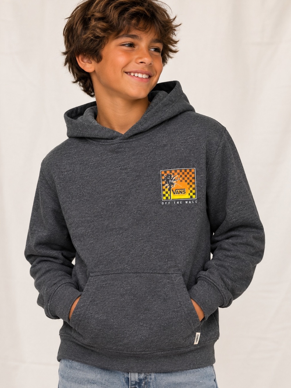 Vans Off The Wall Charcoal Gray Hoodie with Orange Checker Chest Patch
